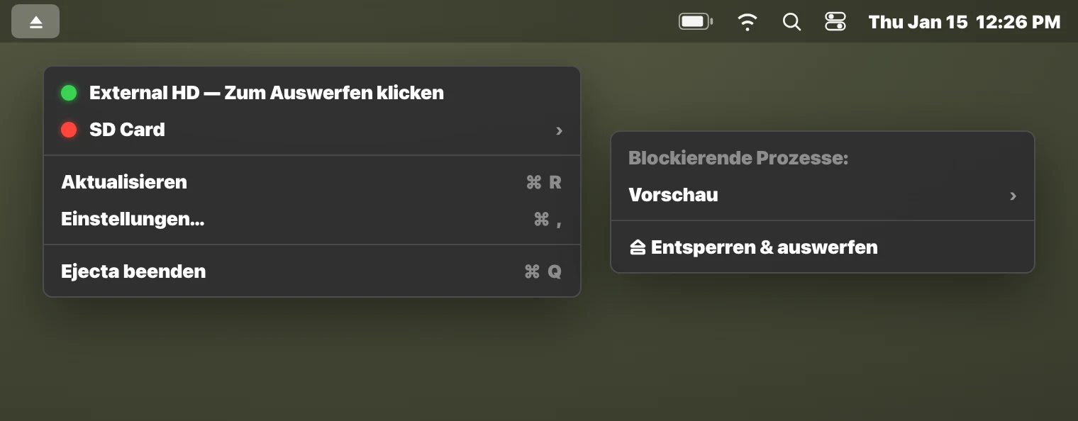 Ejecta-App in der Menüleiste zeigt den blockierenden Prozess für ein externes Laufwerk unter macOS