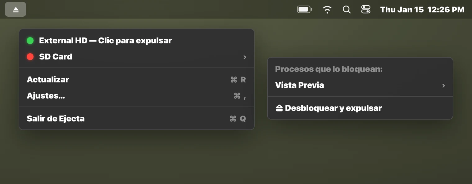 App de la barra de menús Ejecta mostrando el proceso que bloquea un disco externo en macOS