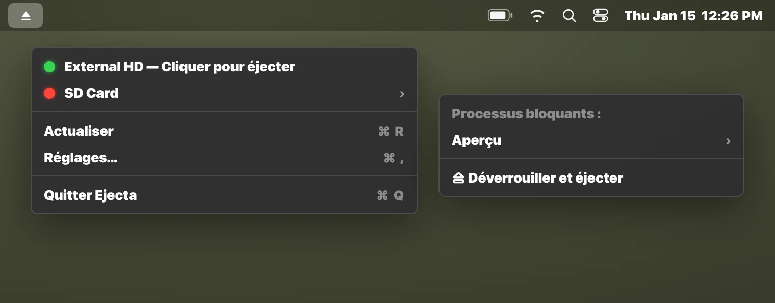L'app Ejecta dans la barre des menus affichant le processus qui bloque un disque externe sous macOS