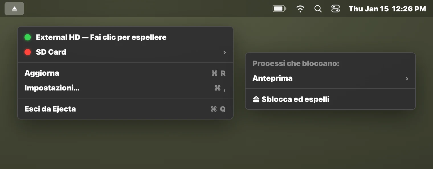 L'app Ejecta nella barra dei menu che mostra il processo che blocca un disco esterno su macOS