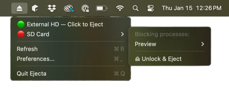 Ejecta menu bar app showing blocking process for external drive on macOS