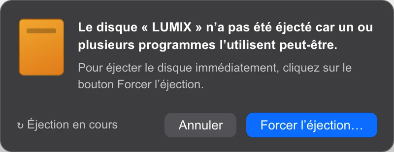 Boîte de dialogue d'erreur macOS « disque en cours d'utilisation »