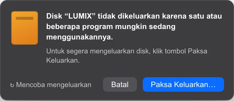 Dialog kesalahan disk sedang digunakan di macOS